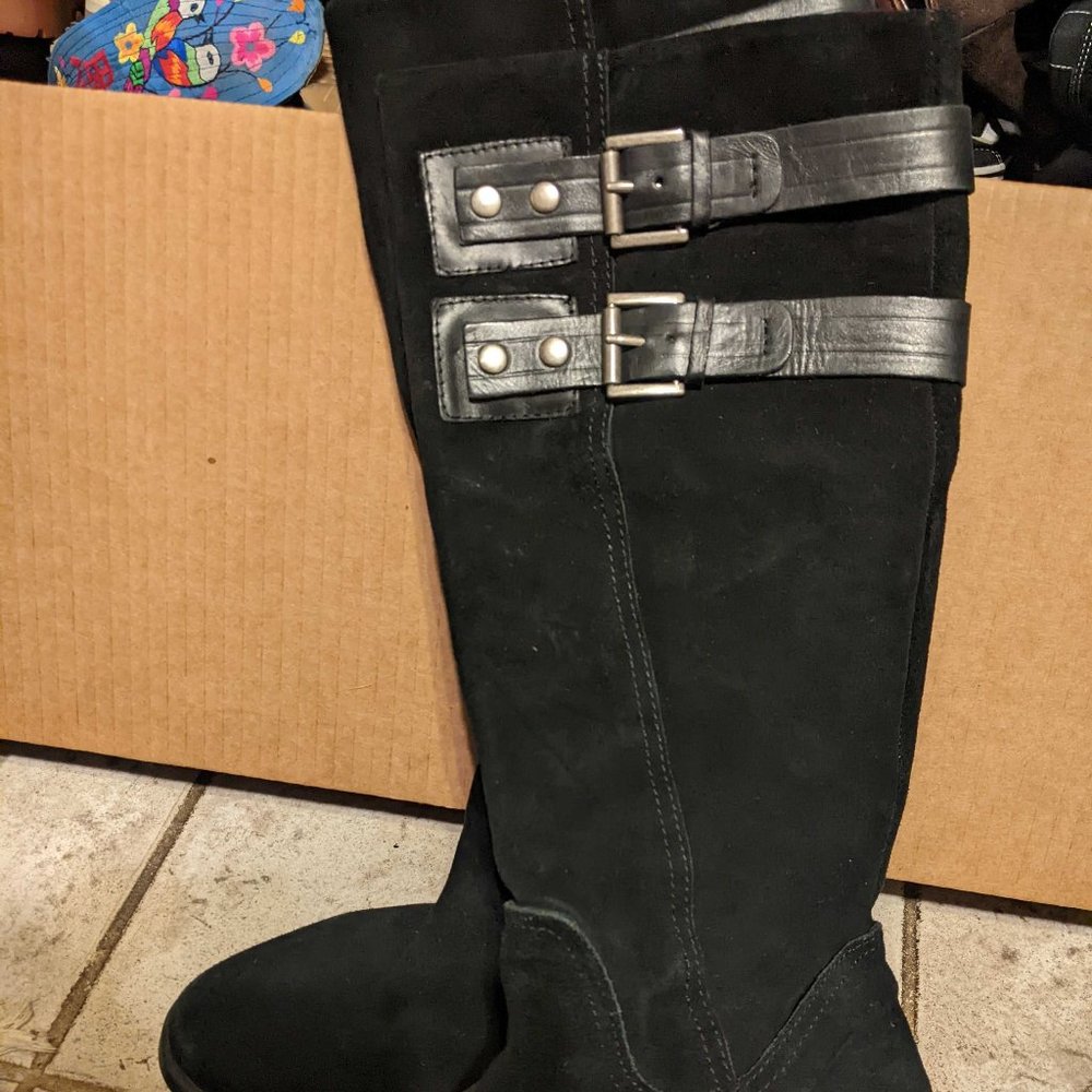Black suede knee high boots with buckles (Size 8)